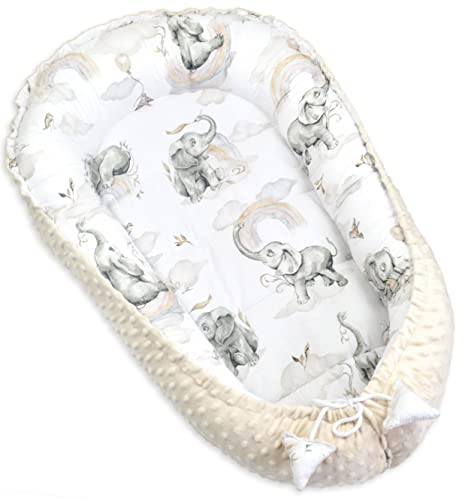 PIMKO Minky Babynestchen für Baby 2seitig Babynest für Baby Kuschelnest Babykokon für Säuglinge und Neugeborene Baby Nest für Zuhause - beige Elefanten