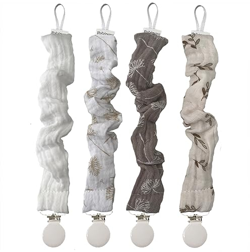 MIMUSELINA Lot de 4 Attache Tetine avec Pince en Métal - Attache Sucette Bébé avec Boucle Élastique et Pince - Attache Tetine en Tissu pour Accrocher les Tétines