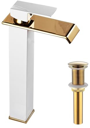 Robinet d'évier de salle de bain en or blanc avec bec cascade et trou à poignée unique