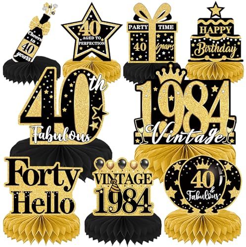 Luvart 40th Birthday Decoration-9pcs 40th Birthday Decorations for Men Women Black and Gold Table Decorations for Birthday Party Men Honeycomb Decs Vintage 40 Birthday Party Table Decor Supplies