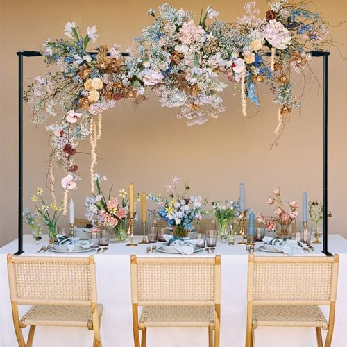 WORFEI Over The Table Rod Stand with Clamps, Adjustable 47''-100'' Length Black Metal Balloon Table Arch Decoration for Wedding, Anniversary, Birthday, Party, Christmas Supplies.