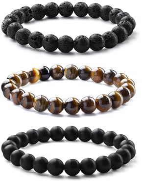 Chriscoco 8MM Perlenarmband - Herren Handmade Naturstein Armband mit Tigerauge und Lavastein - Elastisches Armband für Herren