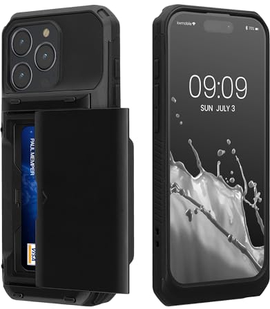 kwmobile Case with Card Holder Compatible with Apple iPhone 15 Pro Max Case - Hard Cover with Soft TPU Bumper - Black