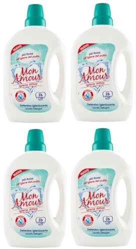4er-Pack FELCE AZZURRA Mon Amour Igiene Attiva Detersivo Igienizzante, Hygiene Flüssigwaschmittel für Farbige Kleidung 26 Wäschen 1,560L