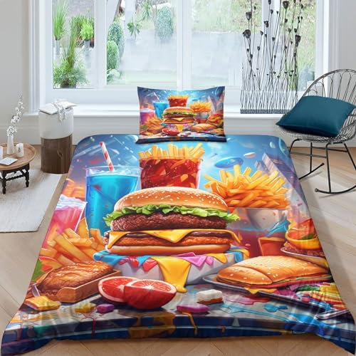 Burger und Pommes Frites 3D Print Bettbezug,Mikrofaser, Bettbezug Set 2 Teilig Gourmet Food Bettwäsche Mit Reißverschluss Für Erwachsene Jungen Mädchen Single(135x200cm)