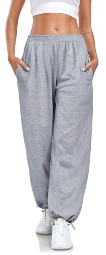 Enwokran Hosen Damen Weites Bein Track Pants Baggy Cargohose High Waist Lässige Loose Sweathose mit Taschen Stretch Sport Jogginghose mit Elastischen Knöcheln (Grau, L)