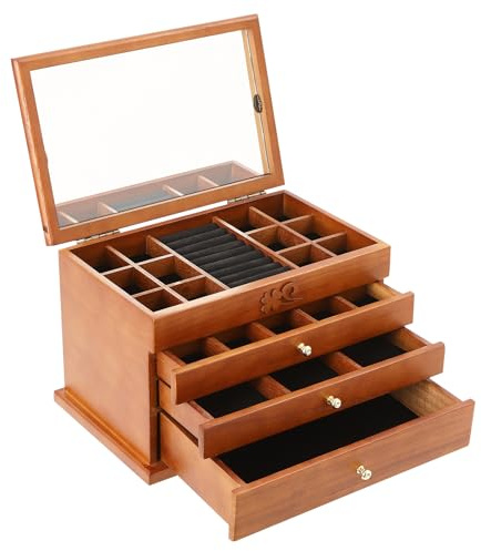 4 Schichten Holz Schmuckschrank Vintage SchmuckkäStchen Schmuck Kasten Tischplatte Schaukasten Schatulle Koffer Vitrine Box Gift Antike Geschnitzte Dekoration Mit Spiegel Und Griffe Rechteckig
