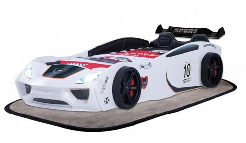 Coemo Vento Sport Autobett Weiß im Rennwagen-Design mit Lattenrost und Sportpaket Rücken- und Seitenpolster - Perfekt für kleine Rennfahrer - LxBxH 260 x 109 x 60 cm