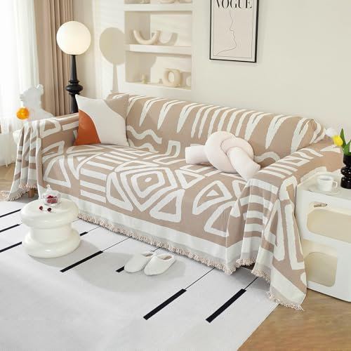 Royhom Couch Überzug 2/3/4 Sitzer, Sofa Überzug Ecksofa, Sofabezug L Form, Chenille Sofaüberwurf, Couch Überwurf mit Deko Quasten, Khaki Sofa Überwurf(Boho Khaki, 180x300cm)