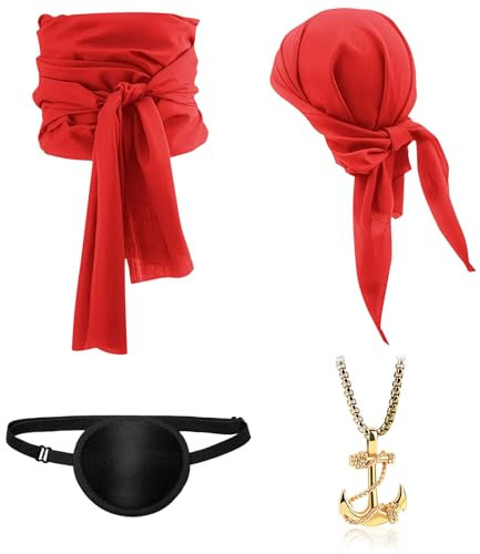 NebulaGlam Piraten Accessoires Set, Piraten Stirnband Taillengürtel mit Augenklappe Halskette, Piratenkapitän Mittelalterliche Große Schärpe für Karneval Halloween Kinder Frauen Männer (Rot)