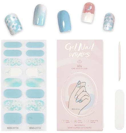 NICENEEDED 16 Pcs Blue Gel Nail Polish Strips, Floral Self-adhesive Nail Wrap UV Gel Polish Full Nail Wraps, Salon DIY Nail Wrap for Women Nail Art Manicure Design