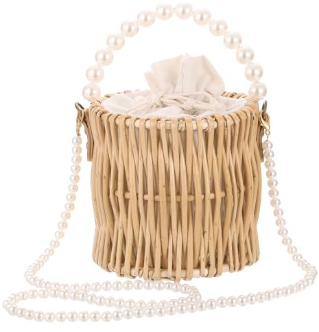 QUARKZMAN Sac Bandoulière Paille pour Femme, Sac Rond Rotin Pochette Paille Sac Main Rotin Tissé Sac Main Rotin Fourre-Tout avec Longue Chaîne pour été Plage Voyages