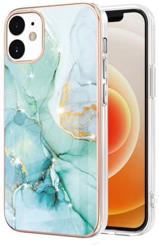 JYNCHDZ for iPhone 12 Case Shockproof iPhone 12 Pro Phone Case Glitter Marble Flexible Silicone Bumper Slim Thin Electroplated Gold Edges Shell Drop Protection Cover for Girls Women, Green