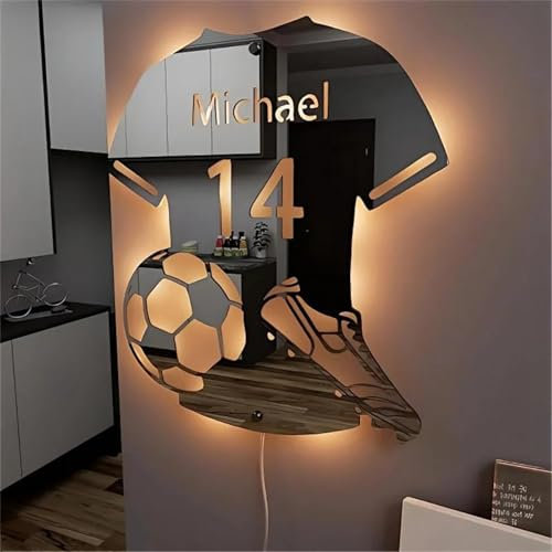 Enseigne Lumineuse Personnalisable Football Led Miroir Lampe,Néon Personnalisé Prenom Enseigne Veilleuse Garcon Murale D'éclairage De Pièce Murale Noël Anniversaire Cadeau (37x42cm)