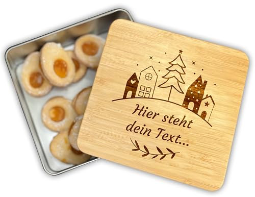 Unikatolo Personalisierte weihnachtliche Keksdose mit Wunschtext oder Name graviert, Plätzchendose Stollendose Blechdose mit Bambusdeckel Gravur Geschenke aus der Küche Weihnachten Gebäck (Häuser)