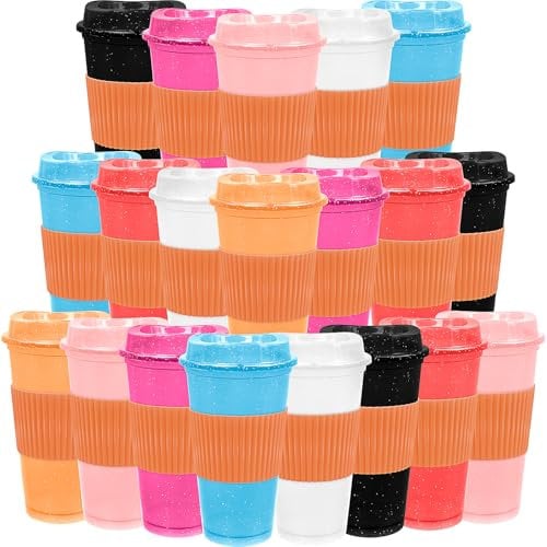 20 Pcs Reusable Coffee Cups with Lids 470 ml Plastic Tumblers Iced Coffee Cup Travel Mug for Adults and Women Kid Hot and Cold Drinks, Microwaveable (Glitter)