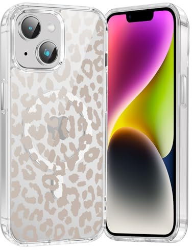 Saqmkil Handyhülle für iPhone 14 Plus Hülle für Magsafe Leopard Beige | Aesthetic Leo Muster Mädchen Magnetische Case, Transparent Weich Silikon Dünn TPU Stoßfeste Schutzhülle Cover 6,7