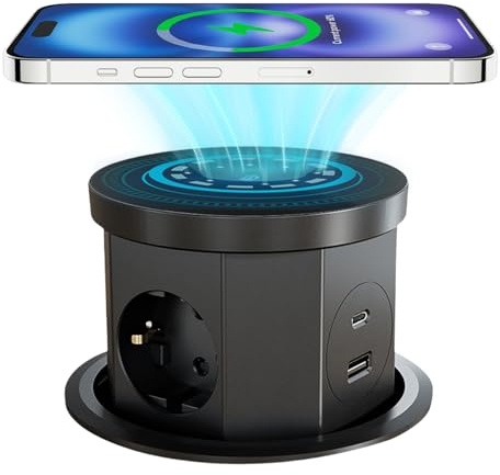 Prise de Courant Automatique avec Chargeur sans Fil 15 W, rallonge de Prise escamotable sécurisée avec Ports USB et Type-C, rallonge Tour 4 Prises, Prise escamotable pour Plans de Travail de Cuisine