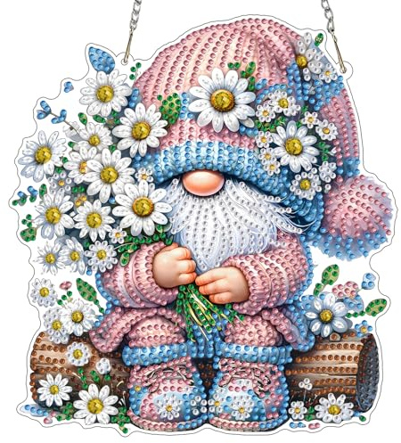 MXJSUA Gartenzwerg Diamond Painting Anhänger mit Kette Erwachsene, Diamant Painting Fensterbilder Hängende Ornament Bastelset Set für Wand Und Eingang Decor 20x20CM