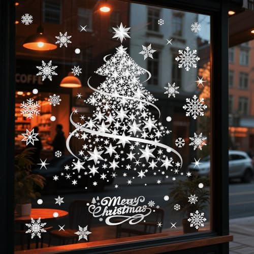 YULOONG Decoraciones de Navidad para ventana, diseño de copo de nieve de árbol de Navidad plateado, calcomanías de doble cara, decoración de ventana, pared, puerta, reutilizable, calcomanías estáticas