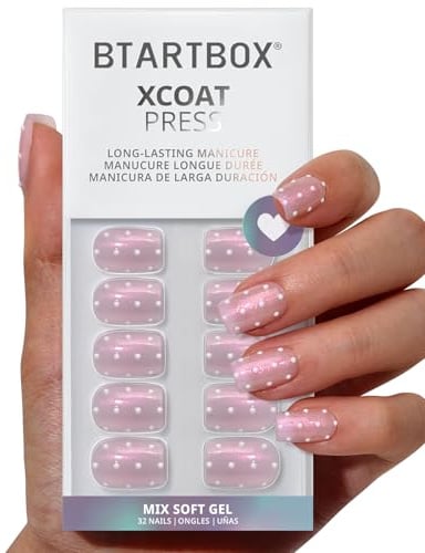 BTArtbox Press On Nails, Sugar Pop, Short Square, 3D Polka Dot, 32Ct | Lamp-Curable 4-Week Wear, Salon-Quality Natural Nails, 10-Minute Easy Daily Application, 16 Sizes, All-in-One Complete Kit