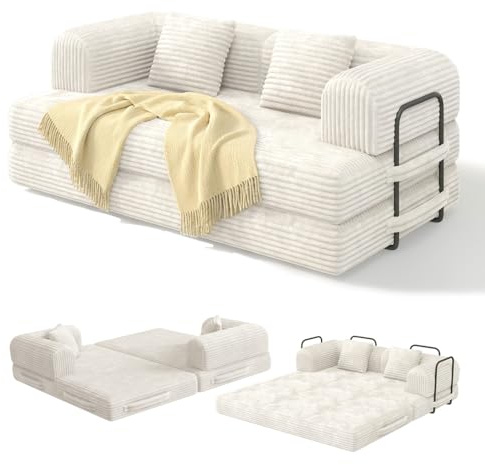 Xbro Schlafsofa 160 cm, 5-in-1 Bodensofa klappbar, Sofa Bett ohne Gestell mit Armlehnen & 2 Kissen, Cord Stoff, wandelbares Klappsofa für Wohnzimmer Schlafzimmer Gästezimmer, 160x90x61 cm, Beige