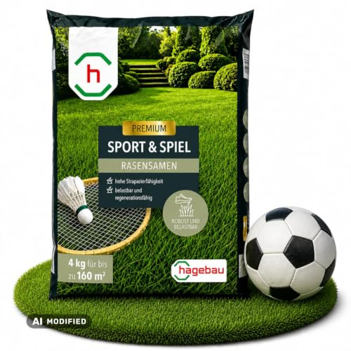 HAGEBAU Sport und Spielrasen 4 kg – Rasensamen schnellkeimend für bis zu 160 m² – Grassamen schnellkeimend zur Reparatur kahler Stellen – dichter & strapazierfähiger Rasen – Rasennachsaat