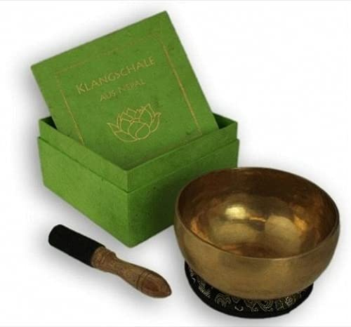 Klangschale in grüner Geschenkbox M mit Lotus-Box und Zubehör: Traditionell gefertigte Klangschale in Geschenkbox mit Lotussymbol aus Nepal