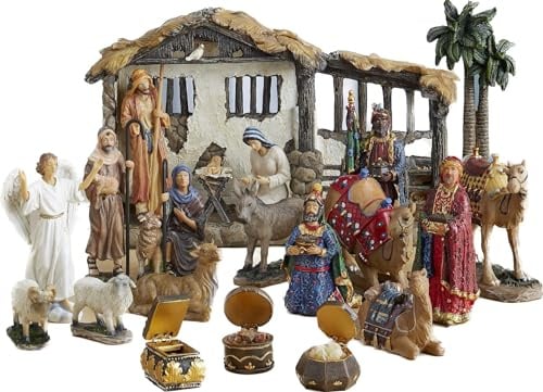 THREE KINGS GIFTS THE ORIGINAL GIFTS OF CHRISTMAS 23 Stück, 12,7 cm Krippe, inklusive beleuchtetem Stall, Palme und Goldkisten, Weihrauch und Myrrhe