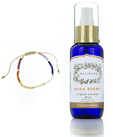 BALIPURA - Reiseset Auric Reinigungsspray Ätherisches Öl, 100 ml und 7 Chakra Kristall Armbänder - Geschenkset mit Leinenbeutel