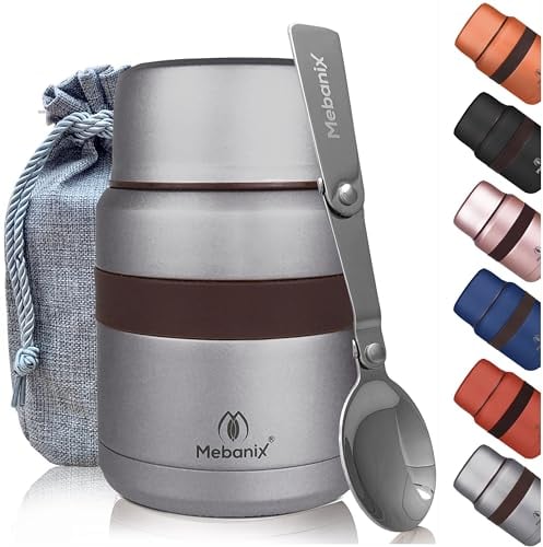 Mebanix Food Flask for Hot Food, Soup | 400ml Stainless Steel Double Walled Vacuum Insulated Leakproof Jar with Folding Spoon | BPA Free | 6 hrs hot 10 hrs cold | For Adults and Kids. Grey.
