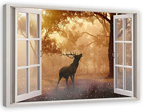 Feeby Bild auf Leinwand - Wandbilder Wohnzimmer Aesthetic - Fensterblick Hirsch im Wald - 120x80 cm XXL 1tlg - Schlafzimmer Wandekoration - Bilder Zimmer - Living Room - Deko Wandbilder - Moderne Bild