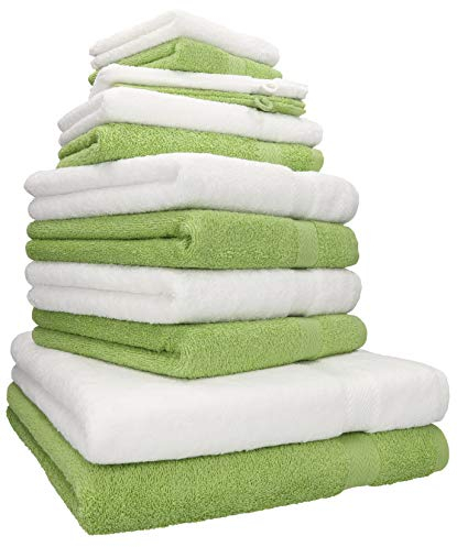 Betz 12-TLG. Handtuch Set Premium 100% Baumwolle 2 Duschtücher 4 Handtücher 2 Gästetücher 2 Seiftücher 2 Waschhandschuhe weiß/avocadogrün