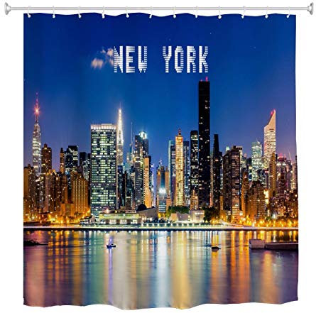 A.Monamour New York City Bâtiment Skyline Cityscape at Night Photography Photo Image Impression Imperméable Tissu Rideau De Bain Polyester Rideau De Douche avec Crochets Anneaux 150x180cm