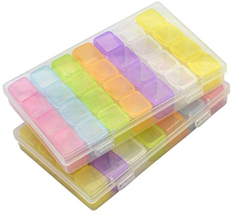 2 Pack 28 Grids Colorful 5D Diamond Painting Embroidery Box, Accessories Storage Containers Adjustable Bead Case with 196 Pcs Label Stickers (28 Grids-2pack Colorful)