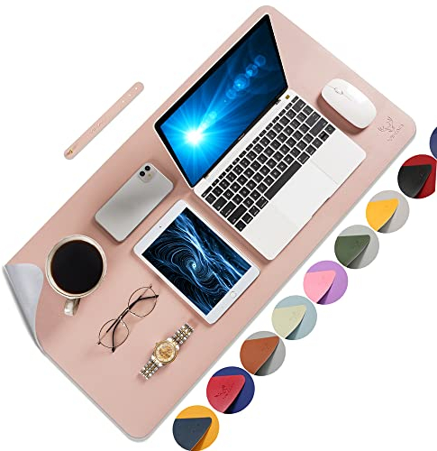 Yikda Dual-Sided Extended Desk Pad Mat, 23.6x13.7 Multifunctional PU Leather Large Office Writing Desk Computer Mat Mouse Pad,Waterproof,Ultra Thin (Pink/Silver)