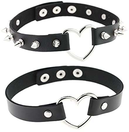 Aabellay 2 Stück Breit Lederhalsband Halskette Herz Form Damen Leder Choker Niet Halsband Gotik Punk Rock Lederband Einstellbar Kragen – Schwarz