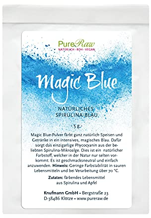 Magic Blue Spirulina-Pulver Blau Natürliche Lebensmittelfarbe (Roh Vegan) Dunkelblau bis Pastell Hellblau - Puderfarbe für Lebensmittel mit Algen-Phycocyanin - Natural Food Coloring | PureRaw 5g
