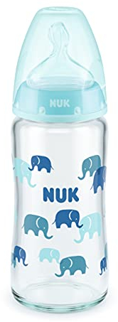 NUK First Choice+ Glas-Babyflasche mit Temperature Control, kiefergerechter Trinksauger, 240ml, 0-6 Monate, blau, 10212050
