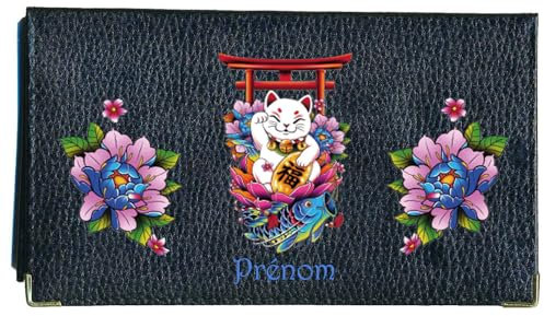 Sylla Manekineko Chat Porte Bonheur Porte chéquier Porte Carte, en Cuir Noir personnalise avec Message