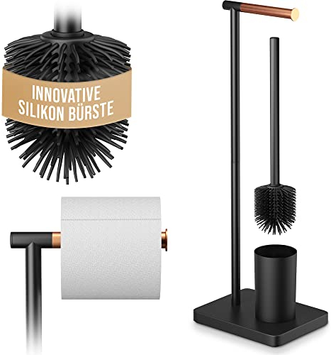 Abrush Stand WC Garnitur mit Klobürste Silikon [99% weniger Bakterien] Toilettenpapierhalter stehend mit Silikonbürste - Klopapierhalter Toilettenbürste Silikon Klobürste roségold/schwarz
