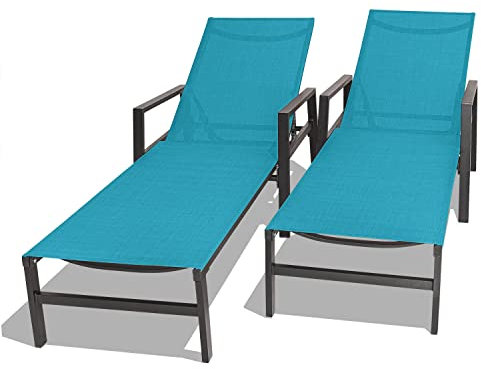 FRANKYSTAR Tigri 2er Set Gartenliege aus Aluminium und Textilene, Design-Sonnenliegen mit Armlehnen und 5-fach verstellbarer Rückenlehne, hellgrau oder türkis.