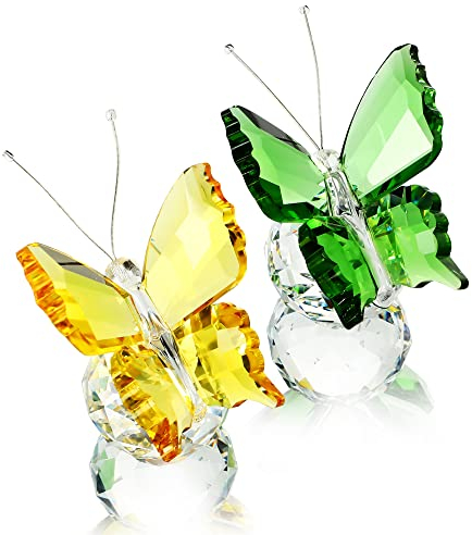H&D Hyaline & Dora Handgefertigte Kristall Figur mit fliegendem Schmetterling, Sammlerstück Glas-Schmetterlingsfiguren, Kristall Briefbeschwerer dekorativ, 2 Stück