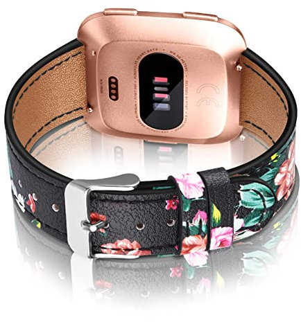 Lederarmband Kompatibel mit Fitbit Versa 2/Versa Lite/Fitbit Versa 3 /Sense Armbänd Für Damen Herren Blumen Echte Ersatzband mit Für Fitbit Versa 2/Lite/Versa 3 /Sense (G,Versa 2/Lite)