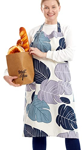 APRONNER Cotton Linen Baking Plus Size Aprons for Women with Pockets Kitchen Cooking, Banana Leaf, 2X/3X