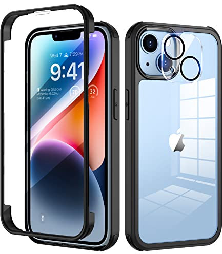 seacosmo for iPhone 14 Case 6.1 Inch, Shockproof Case with Built-in Glass Screen Protector and Camera Lens Protector, Full-Body Bumper Phone Case Cover for iPhone 14- Black/Clear