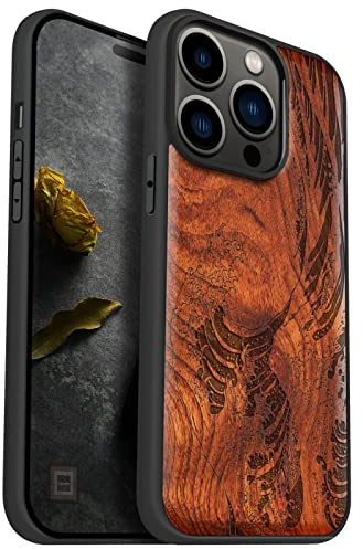 Carveit Holz Cover für iPhone 14 Pro, Pflaumenfarbe-Die Welle Kanagawa | Handyhulle kompatibel MagSafe Massivholz für iPhone 14 Pro Handyhülle Stoßstange Weich TPU Case