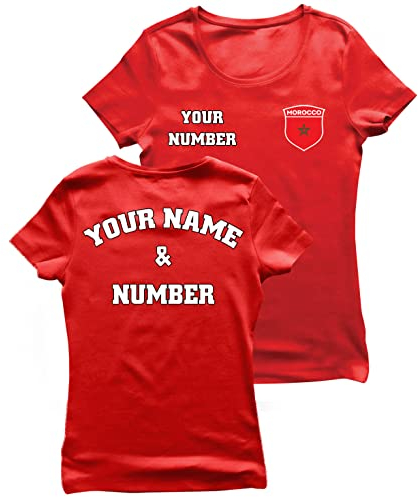 lepni.me Maillot de Football pour Femme du Maroc avec Votre Nom Numéro | Insigne de Drapeau Marocain Personnalisé | Coupe du Monde 2022 (M Rouge Multicolore)