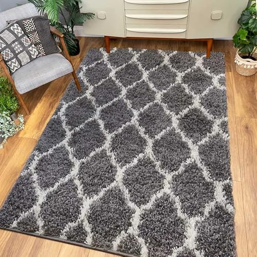 Thick Soft Grey Cream Trellis Shaggy Shag Living Room Area Rug Plush Luxury Durable Lattic Bedroom Carpet Entrance Mat Rugs 110cm x 160cm