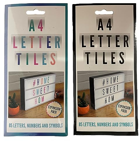 A4-Buchstaben-Kacheln – 85 Buchstaben, Zahlen und Symbole, passend für A4 Leuchtkastenschilder (schwarz und weiß + farbige 170 Buchstaben insgesamt)